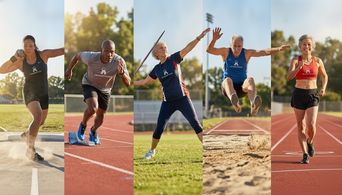 Five masters athletes competing — shot put, sprint start, javelin, long jump, and sprinting — across track and field.